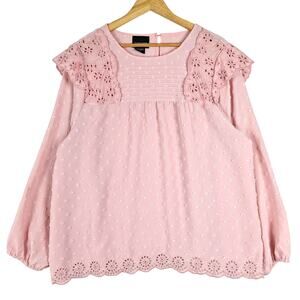 Womens‎ Top 1X Pink Boho Chic Eyelet Crochet Cottagecore Pastel Soft Swiss Dot